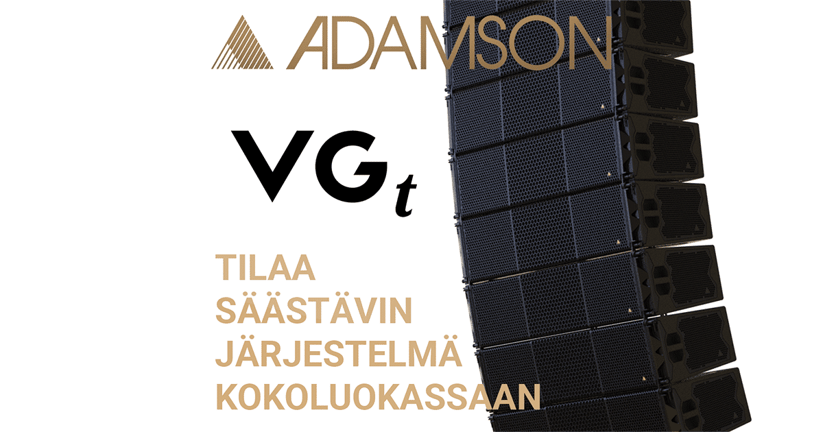 Kuvassa riippuu Adamsonin Vergence Group -tuoteperheen VGt -line array, joka on tilaa säästävin järjestelmä kokoluokassaan