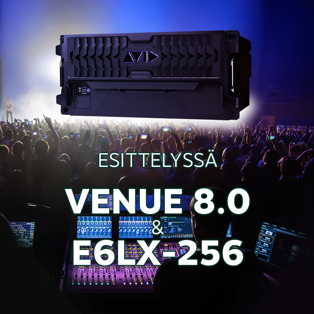 Konserttilava ja yleisö miksauspöydän takaa nähtynä. Iso VENUE | E6LX-256 -prosessorin kuva lavan kohdalla, ja alla teksti: esittelyssä VENUE 8.0 ja E6LX-256.