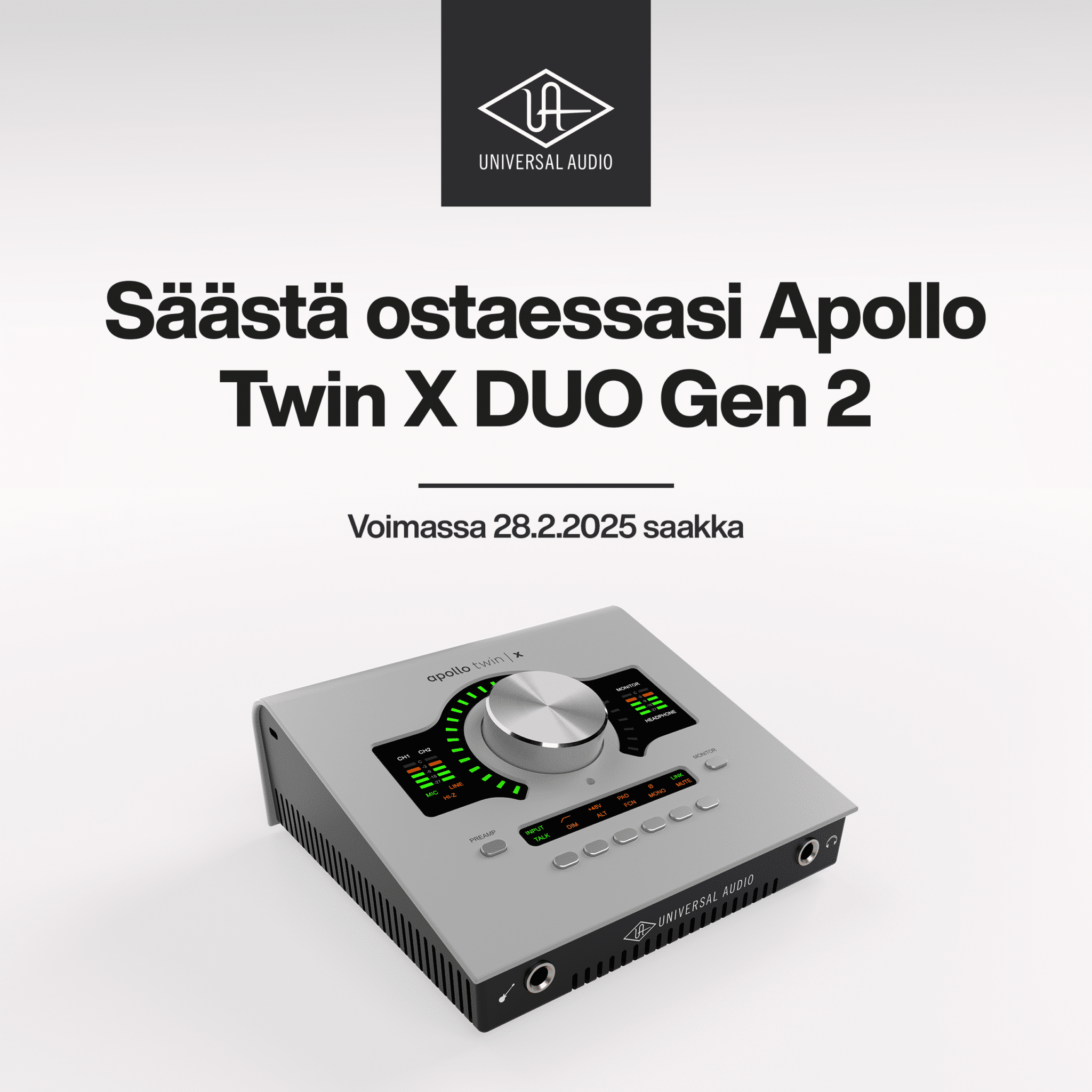 Kampanjamainos. Säästä ostaessasi Apollo Twin X DUO Gen 2. Voimassa 28.2.2025 saakka.