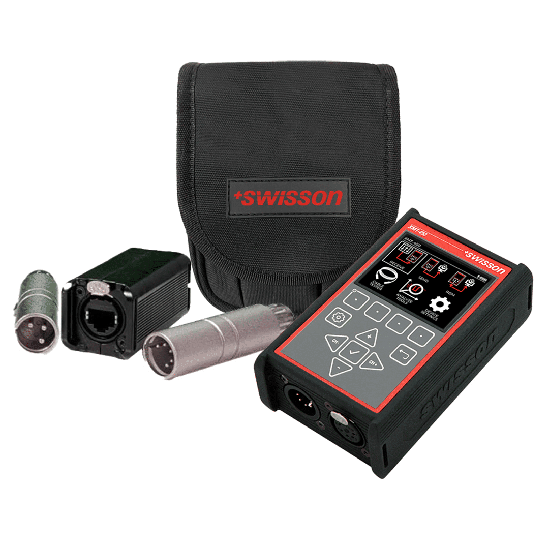 Swisson XMT-450 -DMX/RDM-testeri, adapterit ja kantopussi