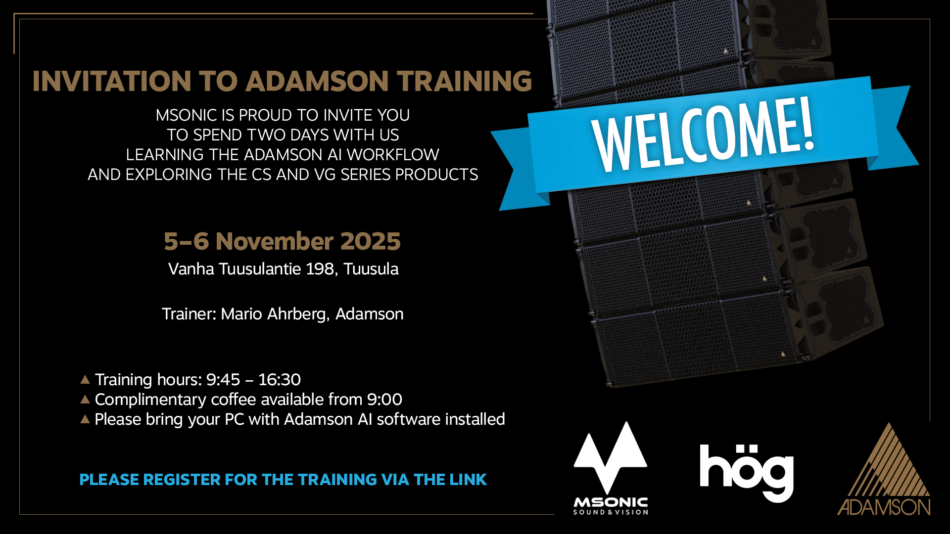 Invitation to Adamson training on 5–6 November 2025 from msonic, Hög, and Adamson.