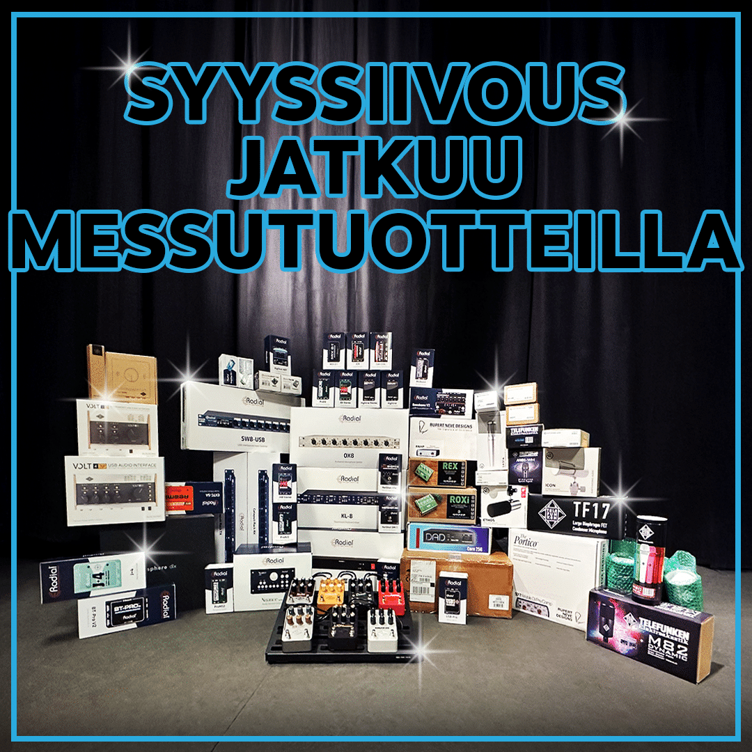 Syyssiivous jatkuu messutuotteilla -teksti ja iso kasa tuotelaatikoita