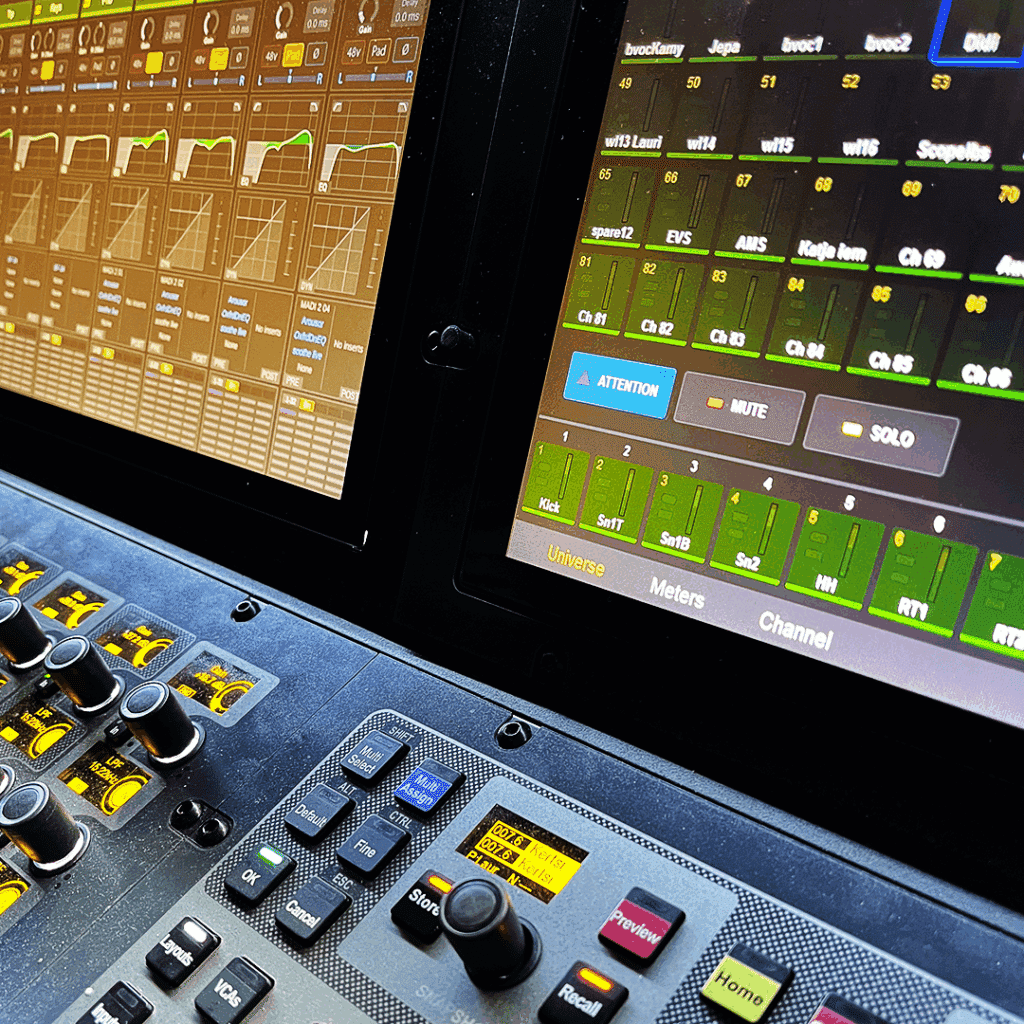 Lähikuvassa Avid VENUE | S6L -mikserin master- ja kanavalohkon kosketusnäytöt ja painikkeet