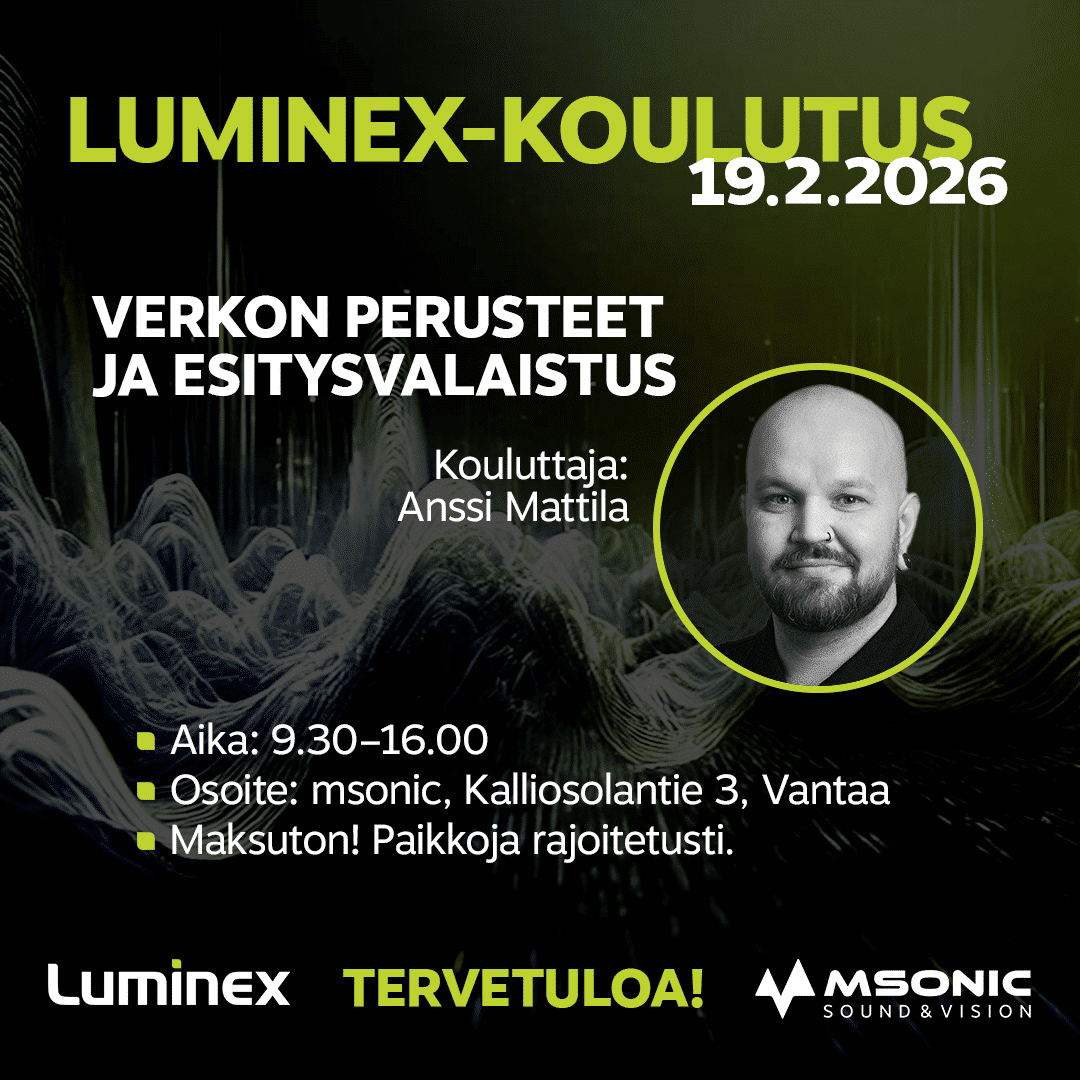 Luminex-koulutus 19.2.2026 klo 9.30–16.00. Verkon perusteet ja esitysvalaistus. Kouluttajana Anssi Mattila. Osoitteessa Kalliosolantie 3, Vantaa. Paikkoja rajoitetusti. Maksuton.