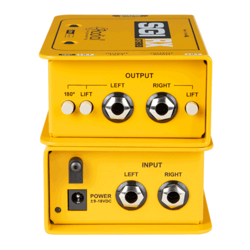 Radial Engineering SGI Stereo TX ja RX keltaisella taustalla.