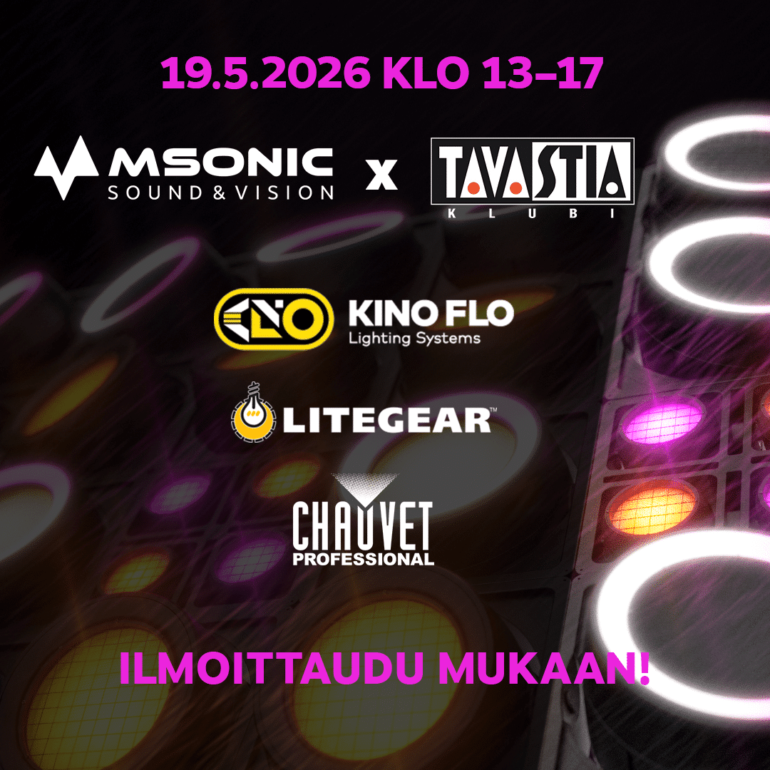 msonic x Tavastia 19.5.2026 klo 13–17 -juliste. Kino Flo-, LiteGear- ja Chauvet Professional -logot. Ilmoittaudu mukaan -kehotus. Taustalla Chauvet STRIKE Array Ultra -valoja.