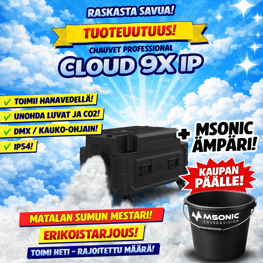 Chauvet Professional Cloud 9X IP -raskassavukoneen erikoistarjous, jossa kaupan päälle saa msonic-ämpärin.