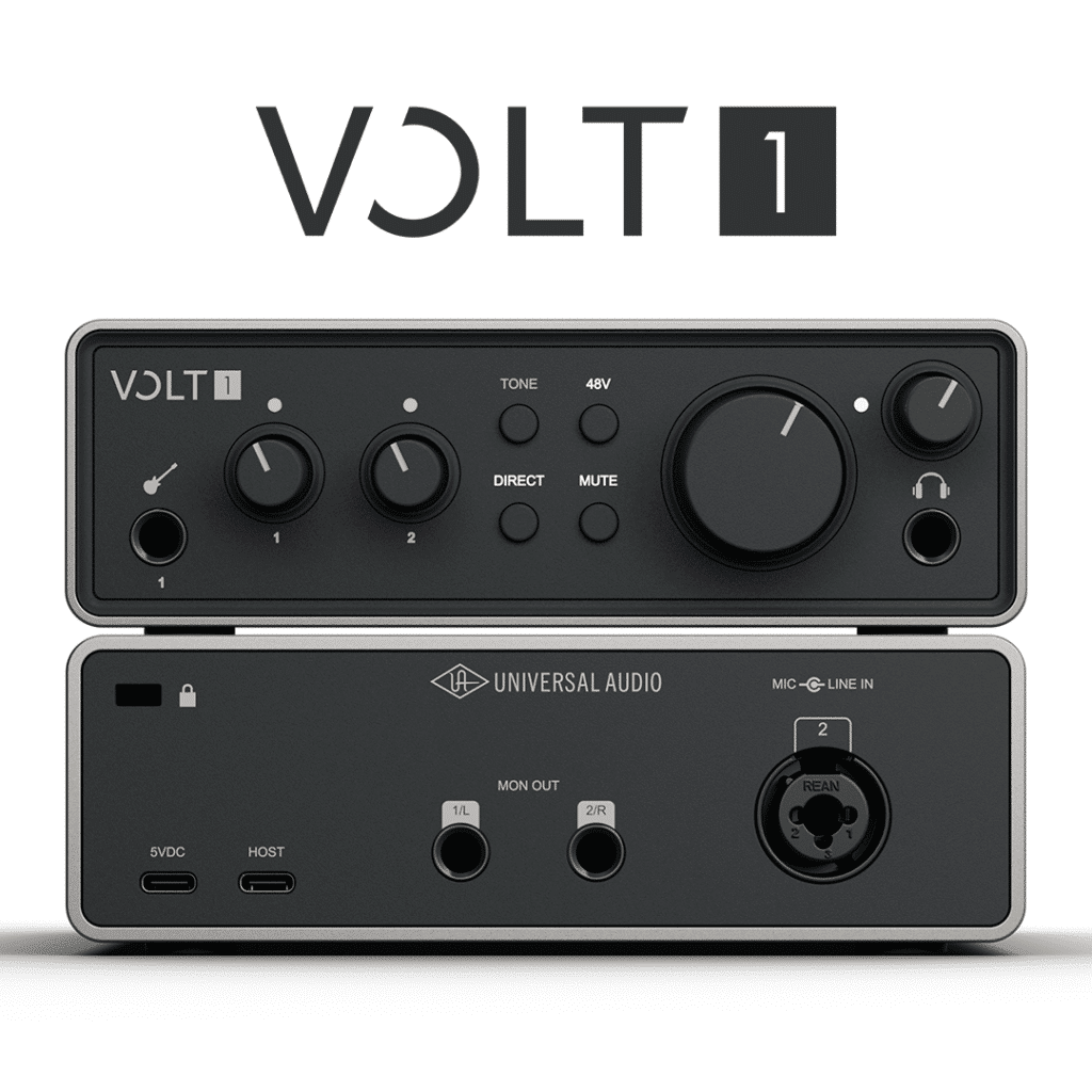 Universal Audio Volt 1 Gen 2 -äänikortti etu- ja takapaneeli päällekkäin.