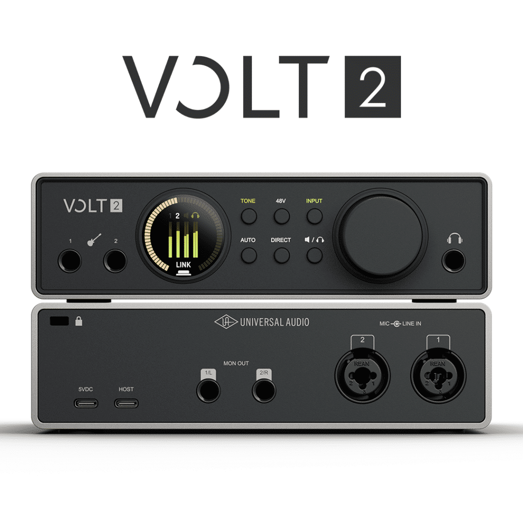 Universal Audio Volt 1 Gen 2 -äänikortti etu- ja takapaneeli päällekkäin.