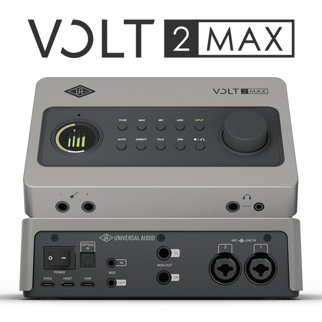 Universal Audio Volt 2 Max -äänikortti yläviisto- ja takapaneeli päällekkäin.