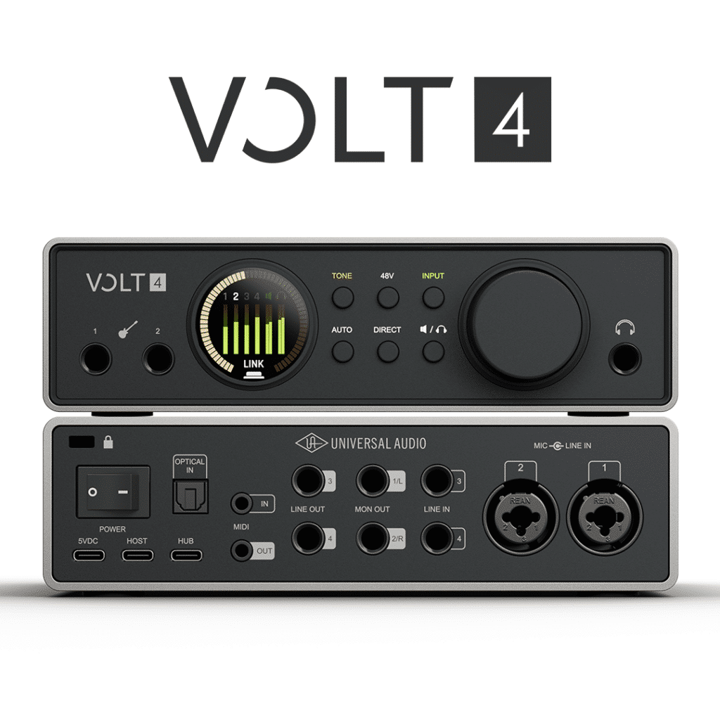 Universal Audio Volt 1 Gen 2 -äänikortti etu- ja takapaneeli päällekkäin.