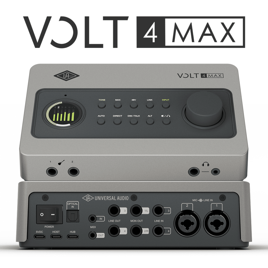 Universal Audio Volt 2 Max -äänikortti yläviisto- ja takapaneeli päällekkäin.