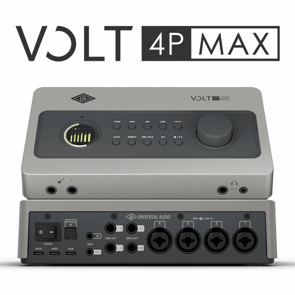 Universal Audio Volt 4P Max -äänikortti yläviisto- ja takapaneeli päällekkäin.