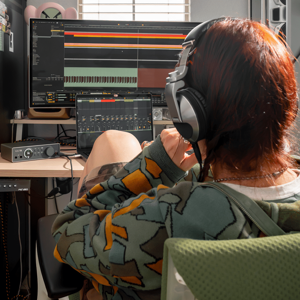 Olan takaa näkymä henkilöstä istumassa kuulokkeet päässä Universal Audio LUNA-työaseman ja Volt 4 Gen 2 -äänikortin äärellä.